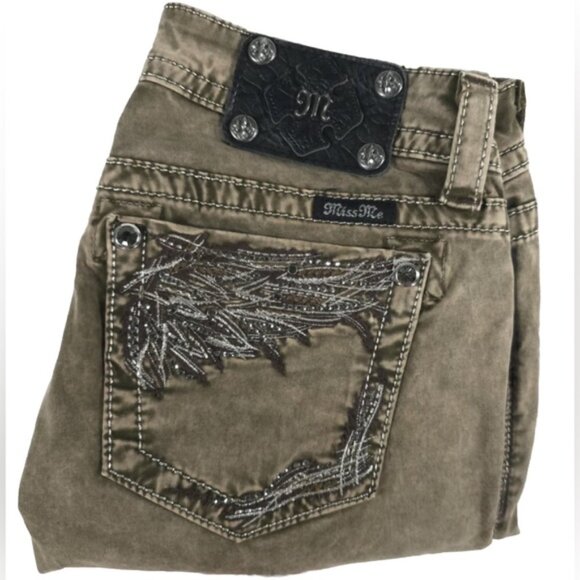 MISS ME TP5724S1 Skinny Designed in USA 🇺🇸 Olive Green Jeans Acid Wash Size 28 - Picture 11 of 13